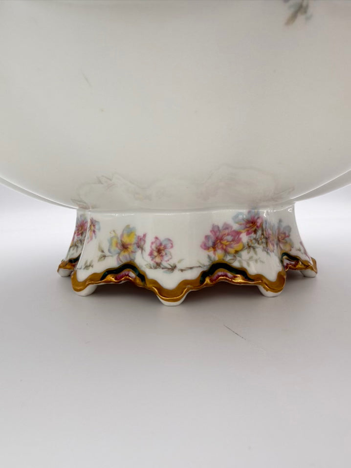 HAVILAND White , Green & Pink China Large Pedestal Punch Bowl