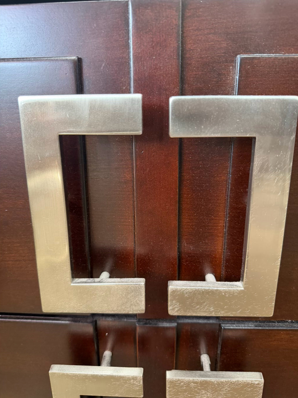 Dark Wood Pair of End Tables w/ Silver Metal Handles