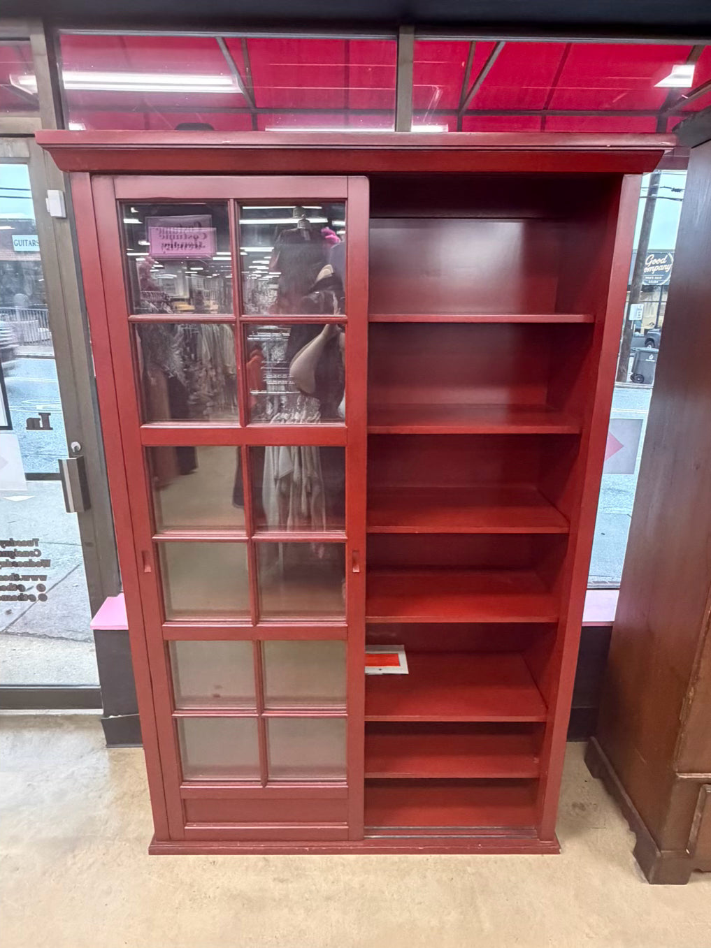 POTTERY BARN Red Wood Bookcase w/ Glass Sliding Doors