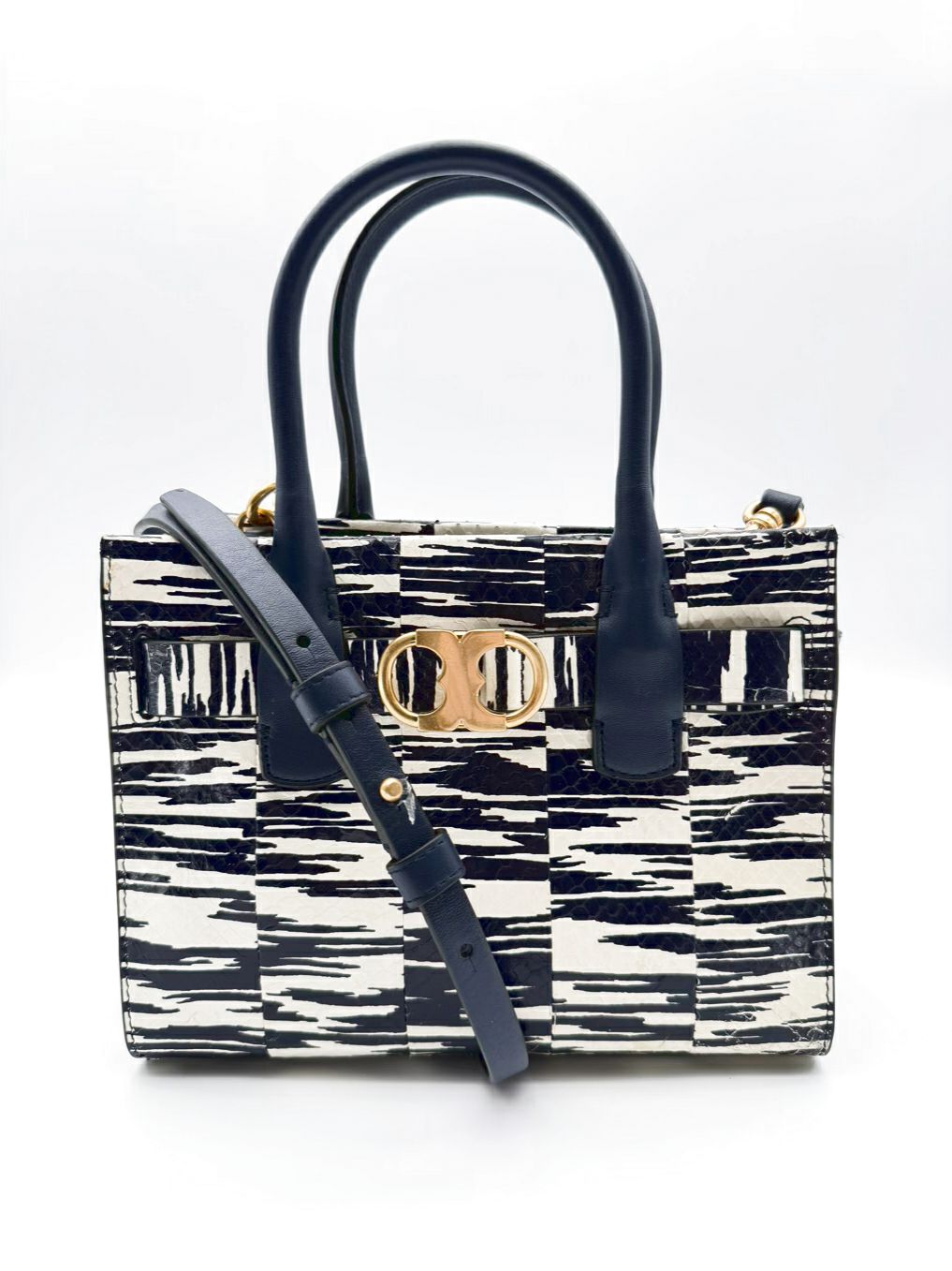 TORY BURCH Gemini Link Blue & White Snakeskin Tote