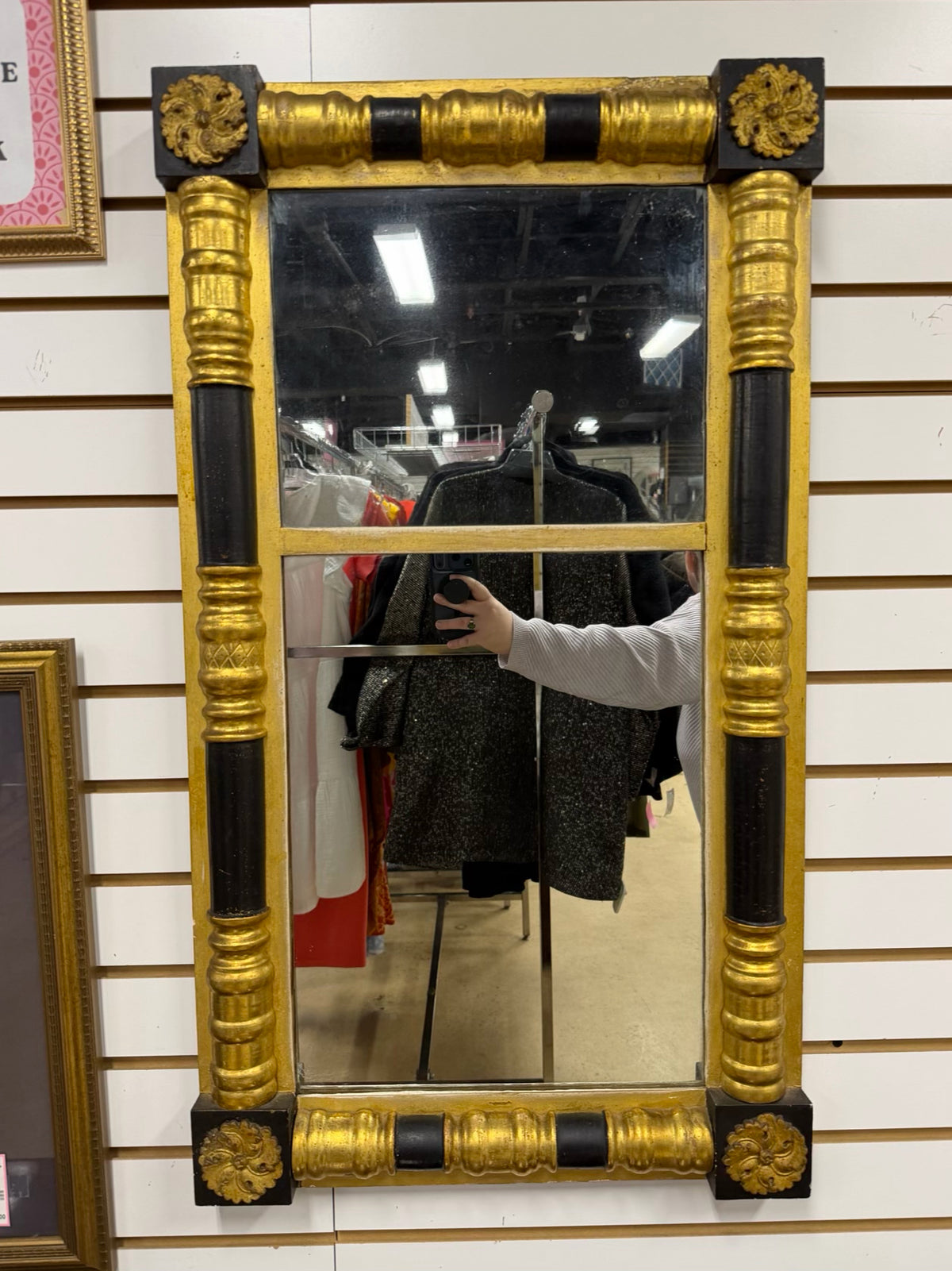 VINTAGE Black & Gold Wood Mirror w/ Medallion Detail