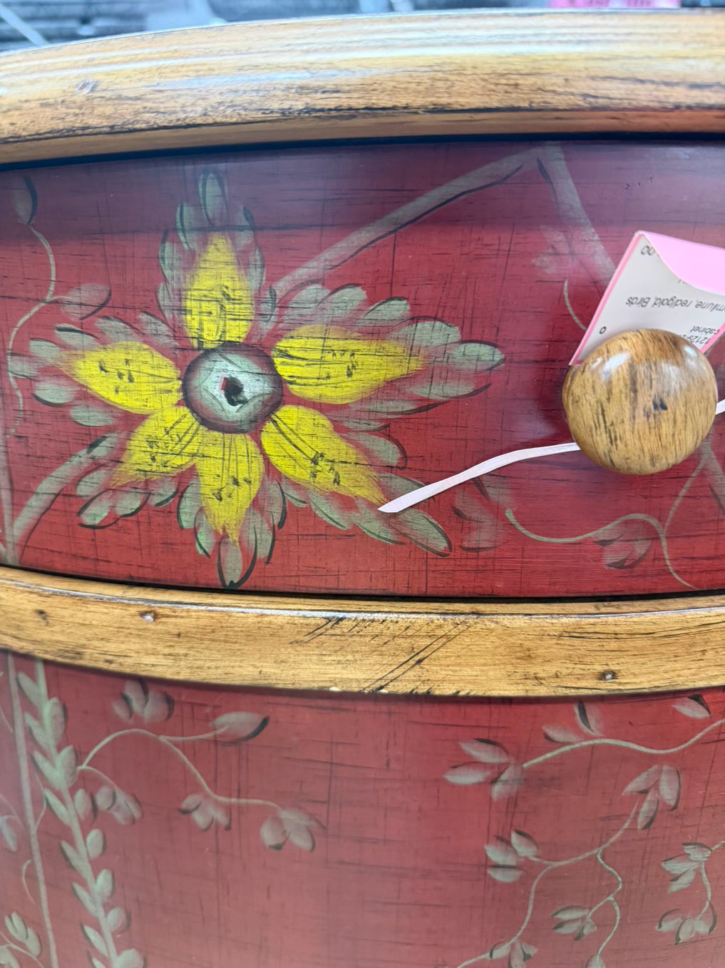 Red & Gold Demilune Birds Cabinet w/ Drawer