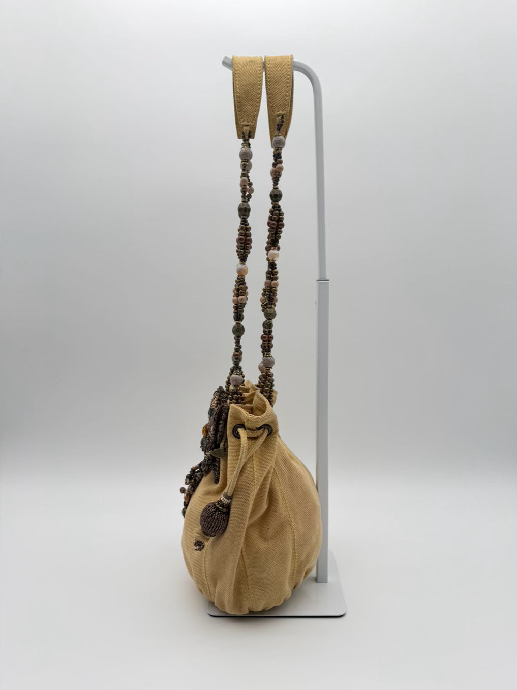 MARY FRANCES Flustered Beige Beaded Butterfly Drawstring Bucket Bag