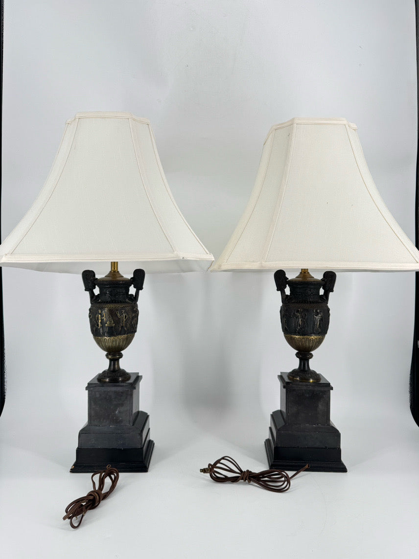 Black Neoclassical Urn Style Figural Pair of Lamps