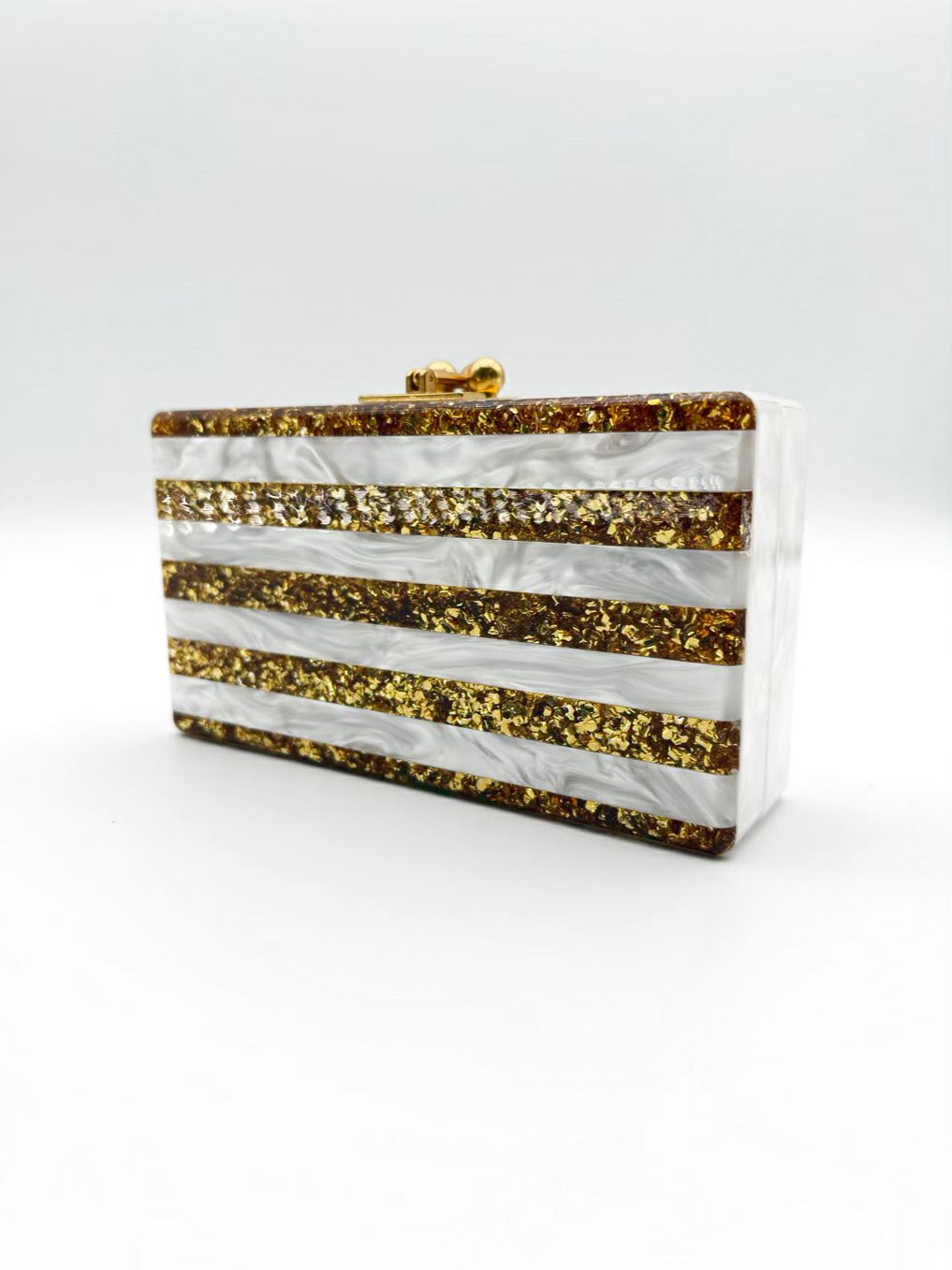 EDIE PARKER Cream & Gold Jean Acrylic Stripe Clutch Bag