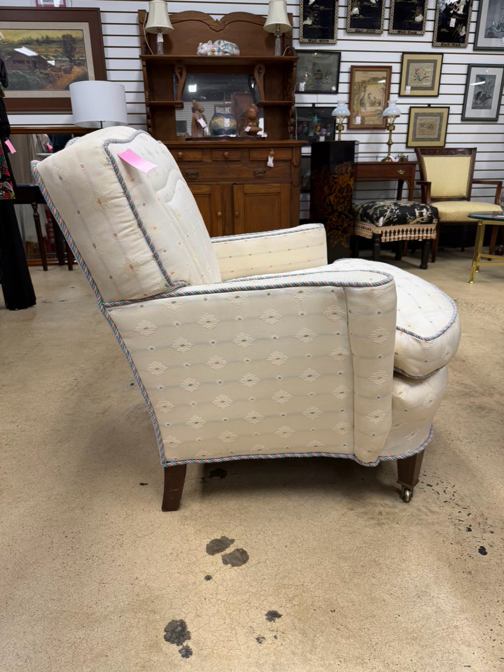 VINTAGE French White, Pink & Blue Pair Of Chairs w/ Braid Trim