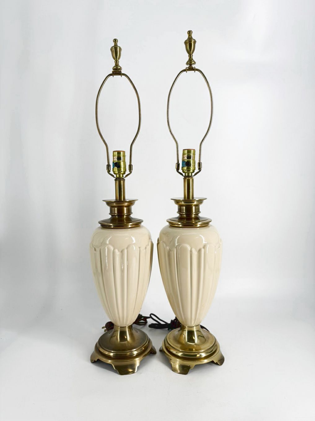 STIFFEL Brass & Cream Glass Pair of Lamps w/ No Shade