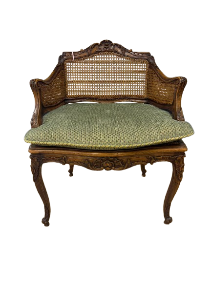 Louis XV Medium Brown Wood Chair w/ Cane Back & Seat Cushion