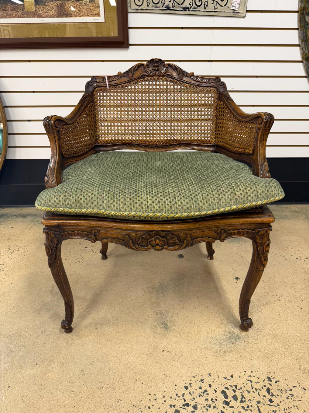 Louis XV Medium Brown Wood Chair w/ Cane Back & Seat Cushion