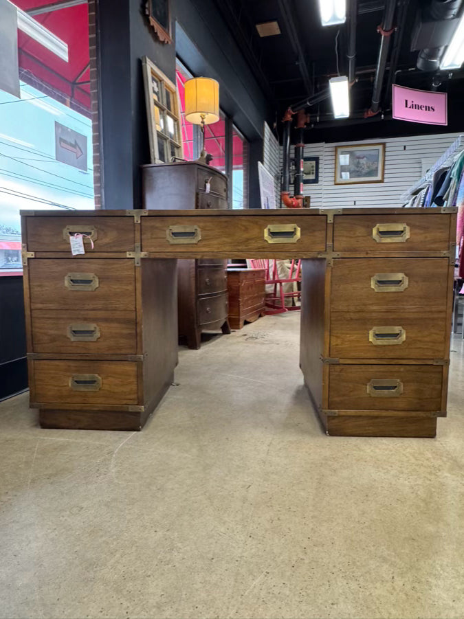 BERNHARDT Wood & Brass Campaign 9-Drawer Desk