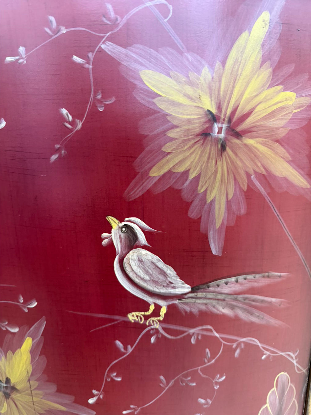 Red & Gold Demilune Birds Cabinet w/ Drawer