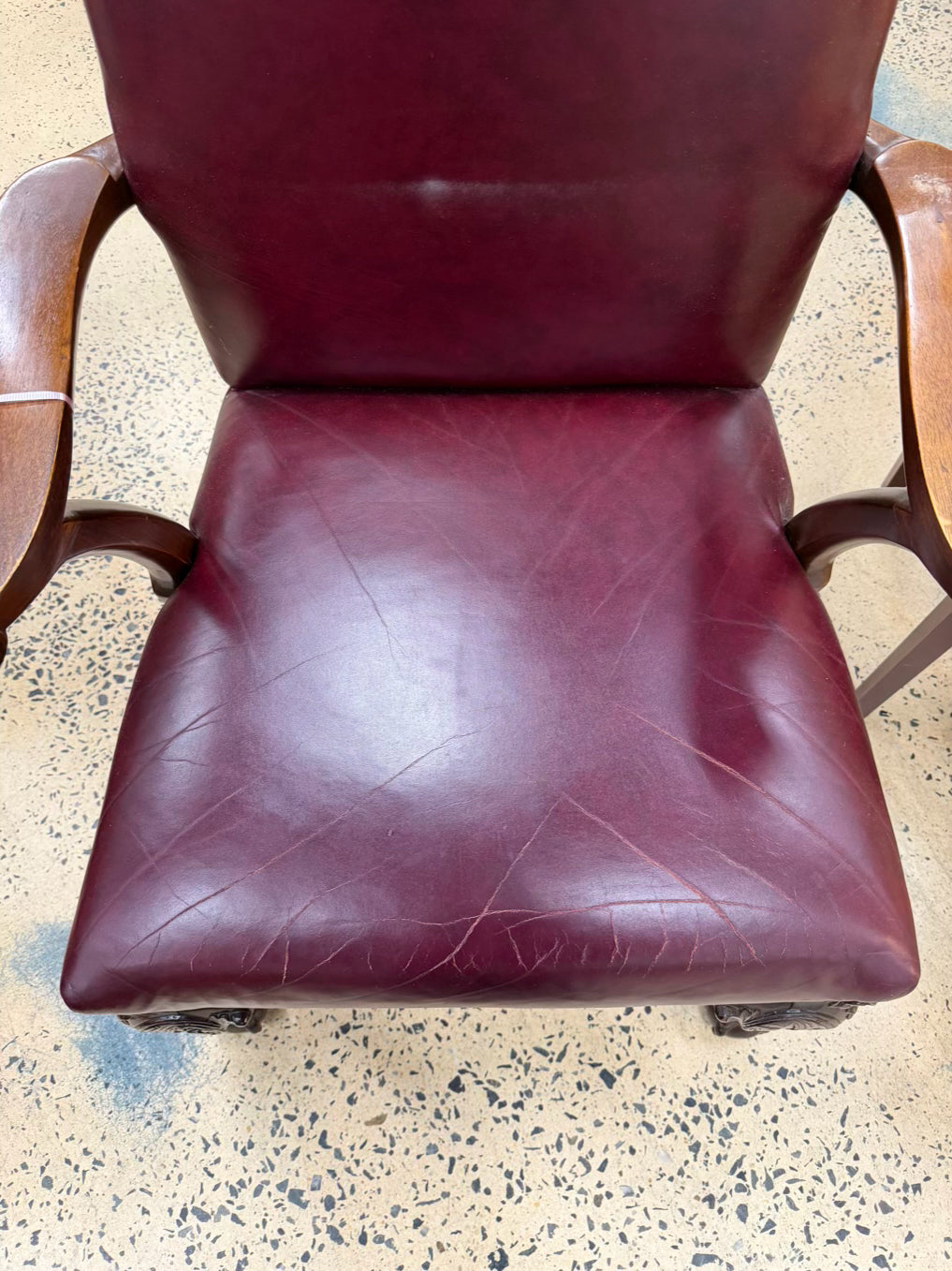 VINTAGE Red Queen Ann Wood Chair w/ Leather Upholstery