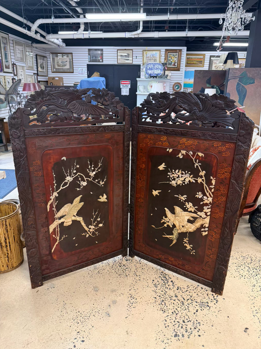 Black & Cream Oriental Carved Birds & Flowers 2 Panel Screen