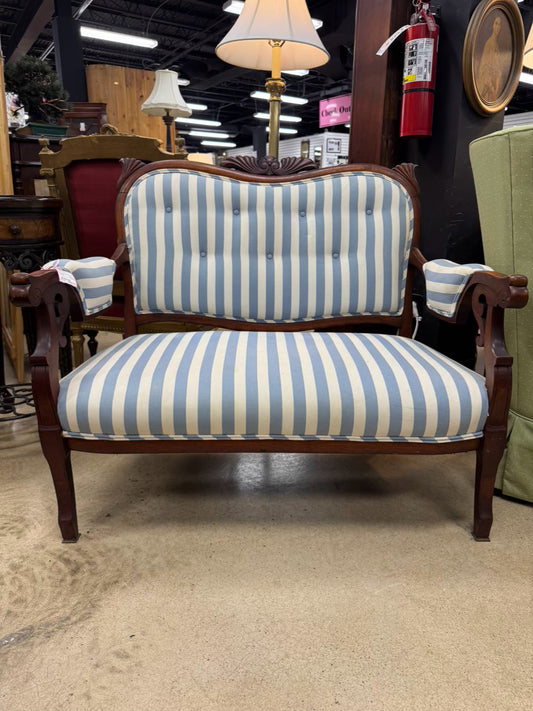ANTIQUE Wood & Blue & White Stripe Upholstery Victorian Love Seat