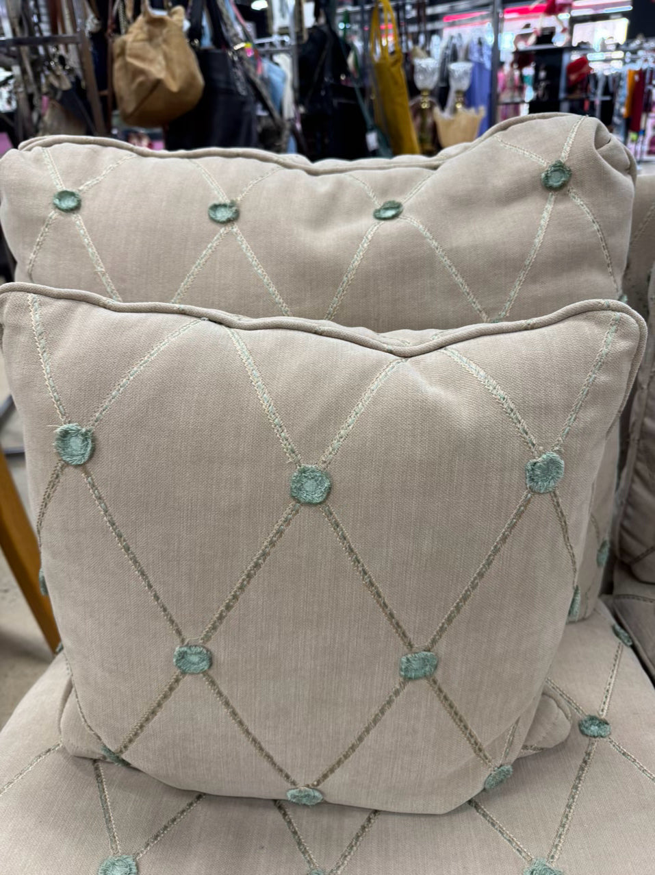 Tan & Green Pair of Armless Accent Chairs