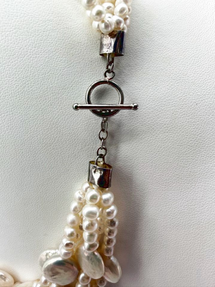 Iridescent Pearl Multi-Strands Necklace w/ 925 Clasp