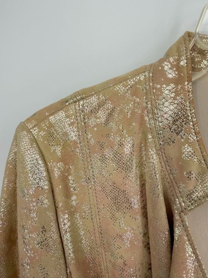 ST JOHN Wmn's Size 4 Beige Silk Lining Snake Print Metallic Belted Jacket