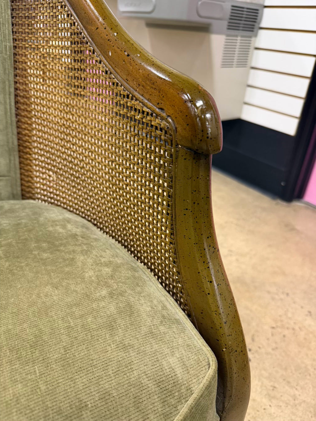 VINTAGE Brown Cane Chair w/ Green Upholstery