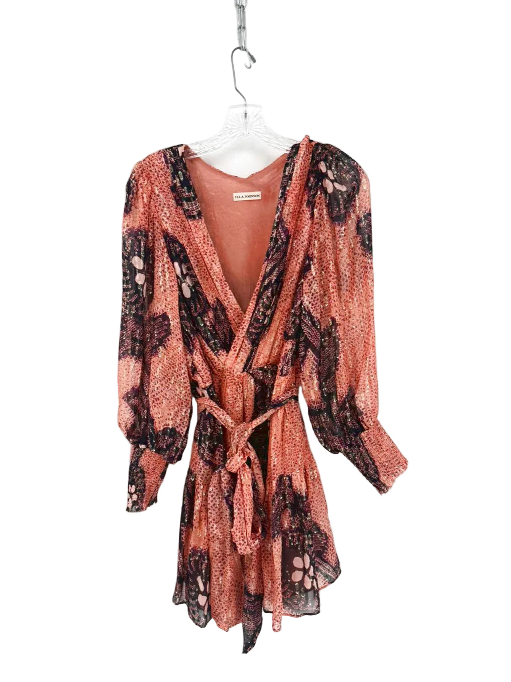 ULLA JOHNSON Size 6 Coral & Purple Silk Belted Dress