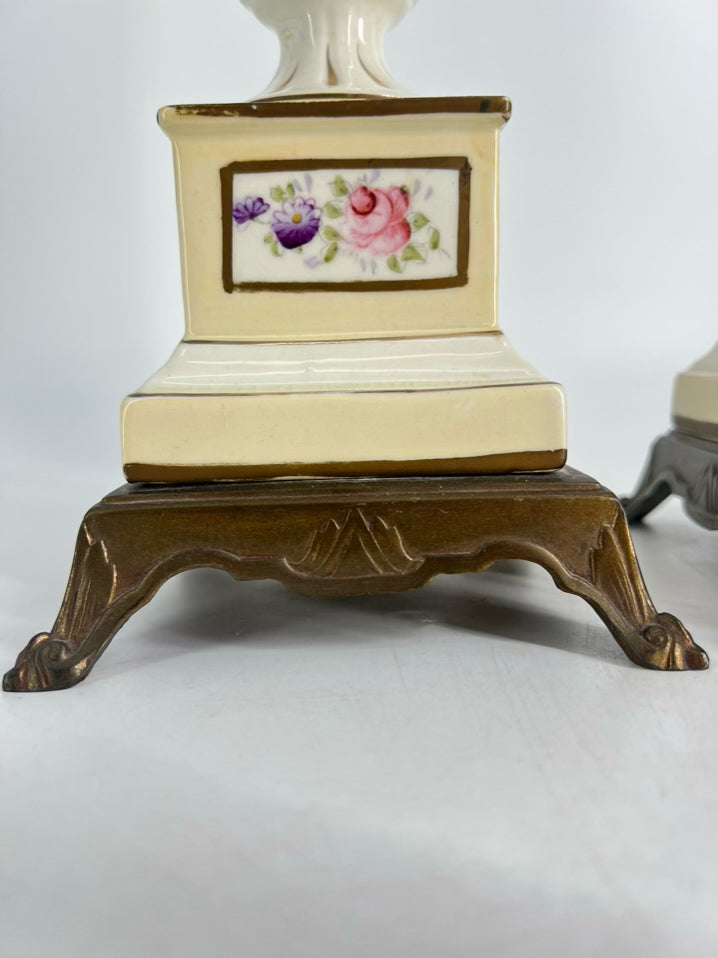 VINTAGE Cream & Yellow Porcelain Pair of Footed Urns