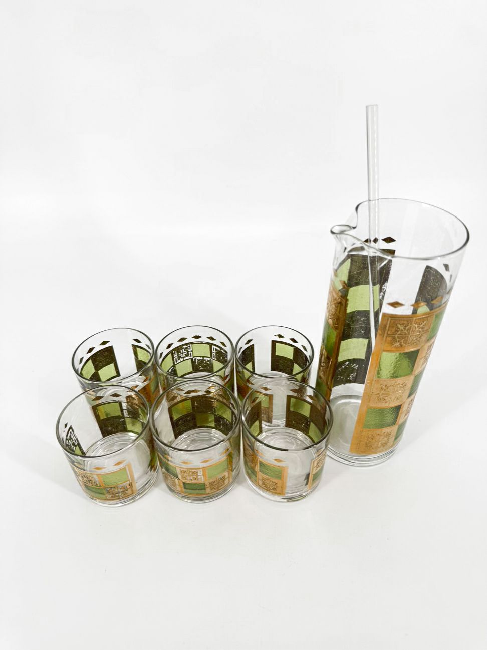 VINTAGE Green & Gold Martini Pitcher w/ 6 Glasses