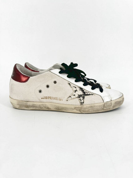 GOLDEN GOOSE Size 38 Cream & Maroon Leather Reptile Print Sneakers