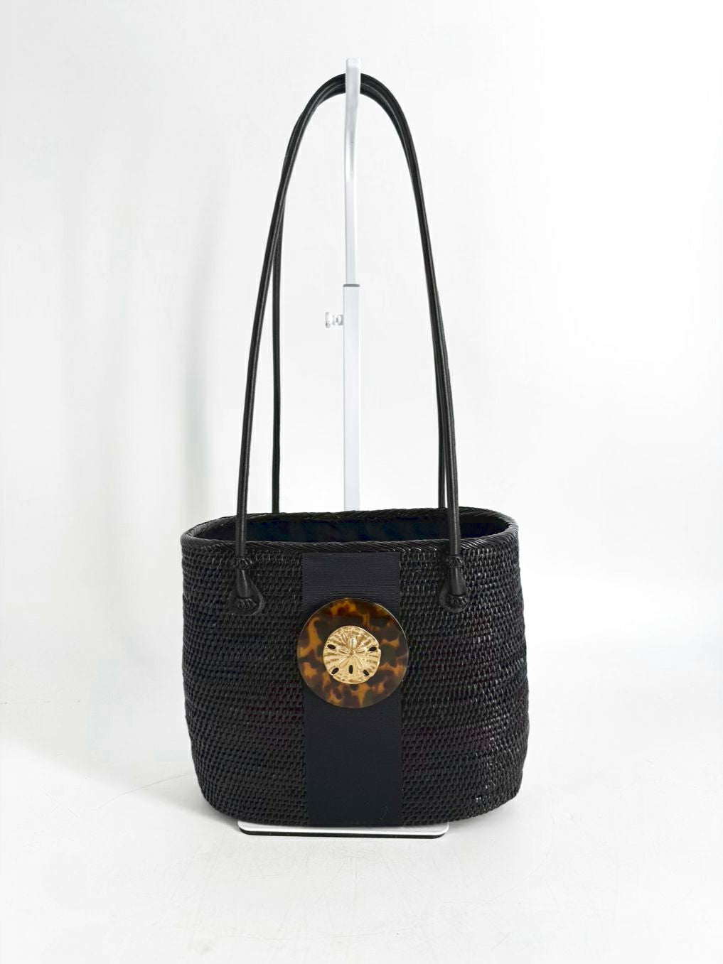 BOSOM BUDDY BAGS Black & Gold Sand Dollar Motif Straw Purse