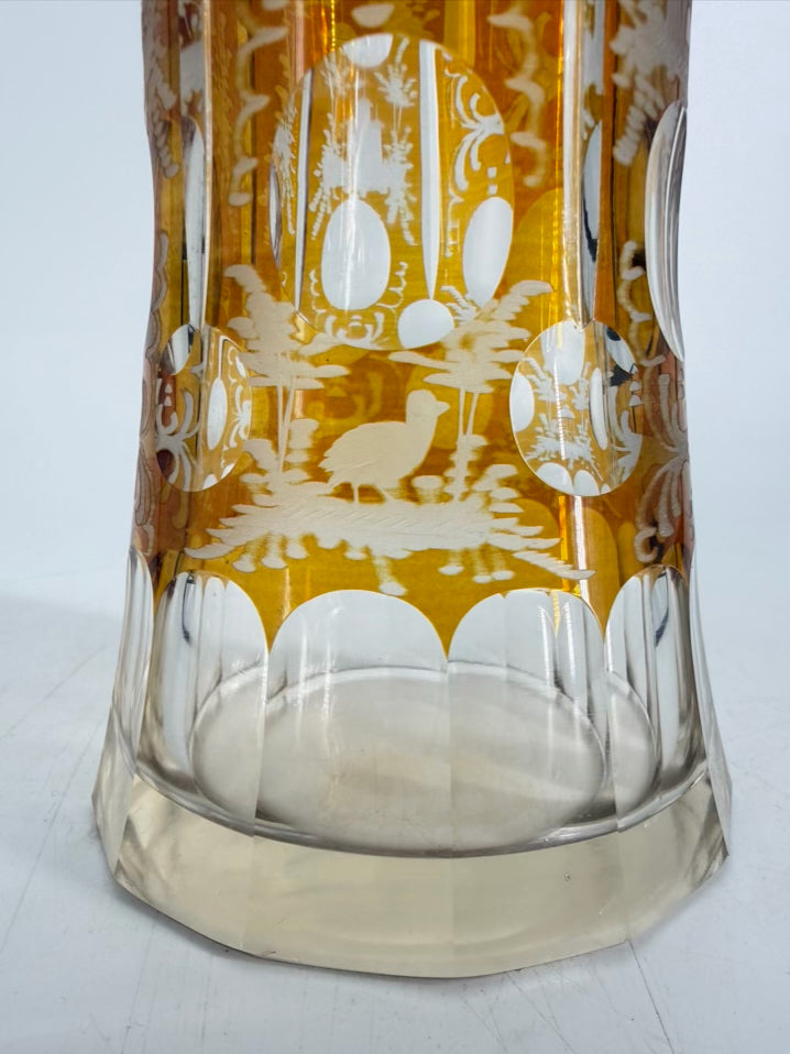 BOHEMIAN Amber & Clear Crystal Woodland Design Vase