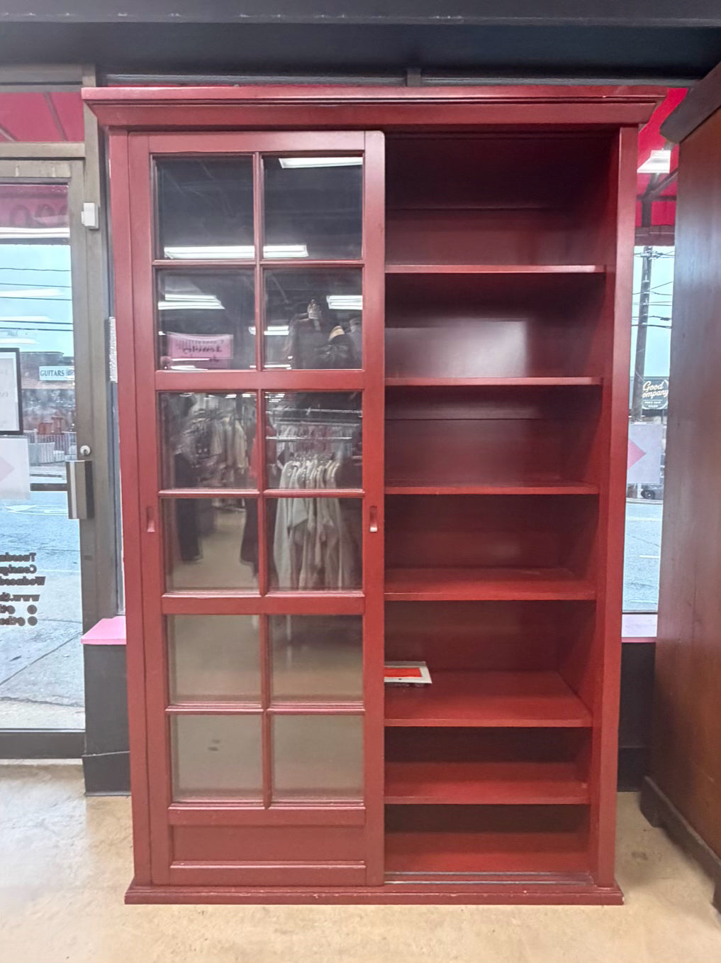 POTTERY BARN Red Wood Bookcase w/ Glass Sliding Doors