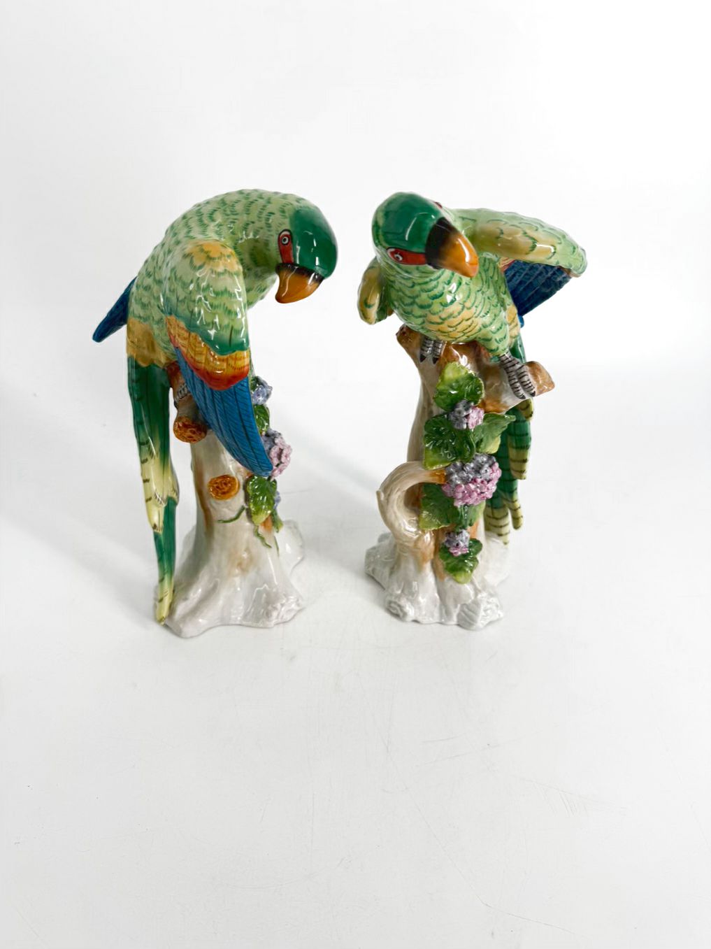 JEANNE REED Green , Pink & Blue Porcelain Pair Of Parrot Figurines