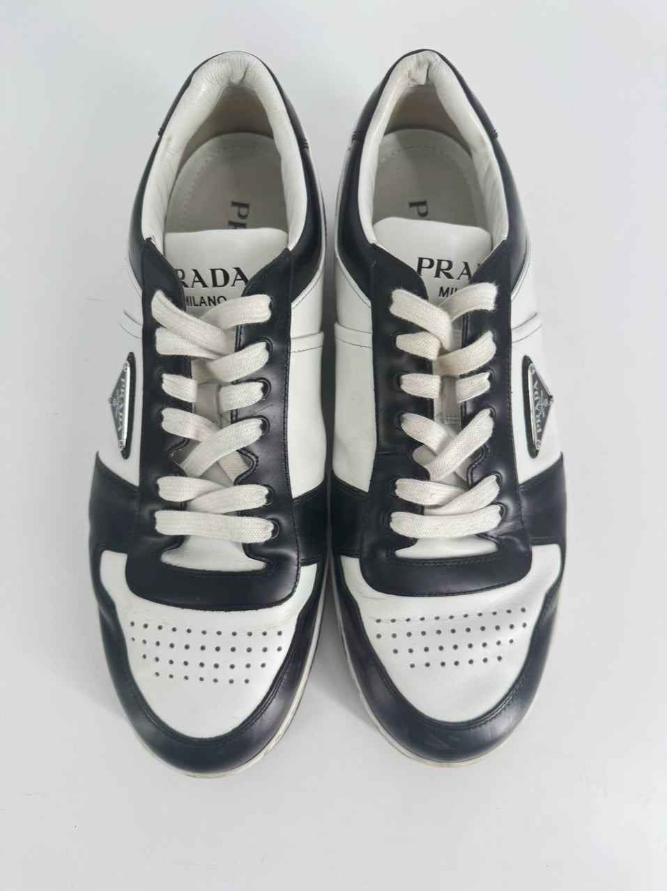 PRADA Size 11 Black & White Leather Downtown Sneakers