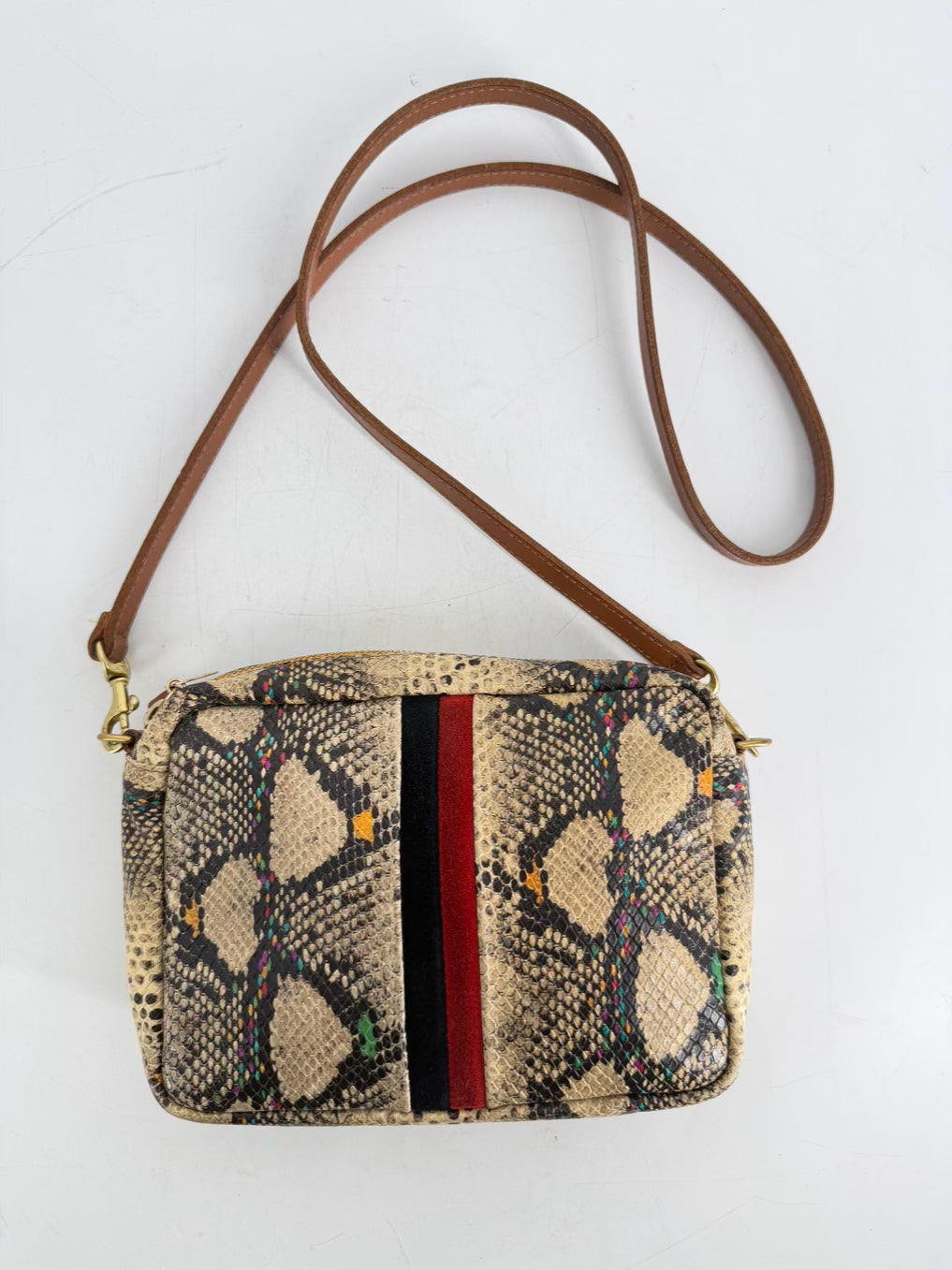 CLARE V. Midi Sac Navy & Red Stripe Snake Embossed Leather Crossbody Bag