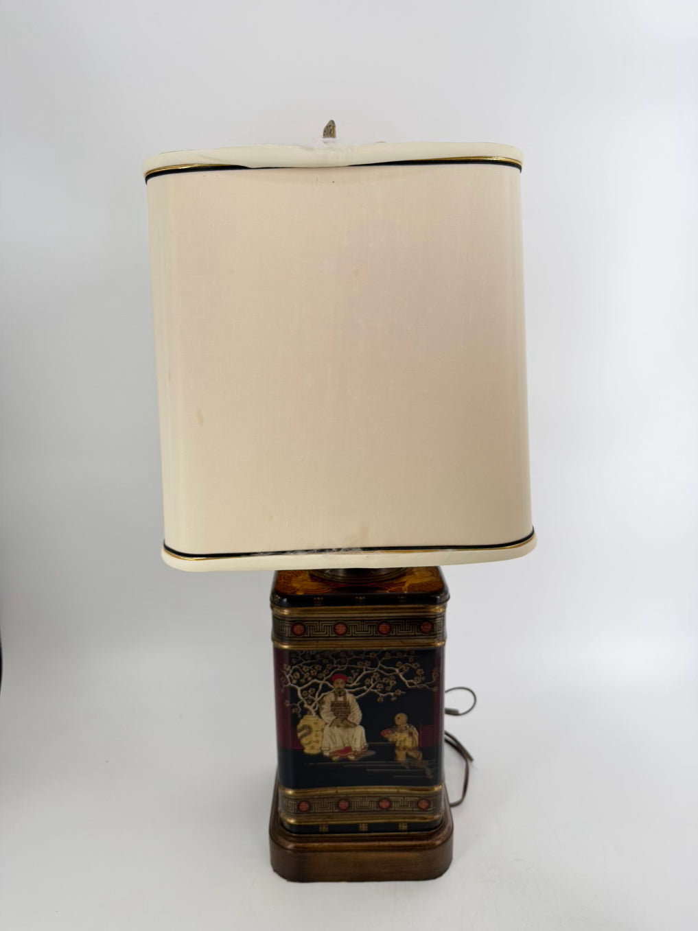 Black, Red & Gold Tin Oriental Pair of Tea Caddy Lamps w/  Square White Shades