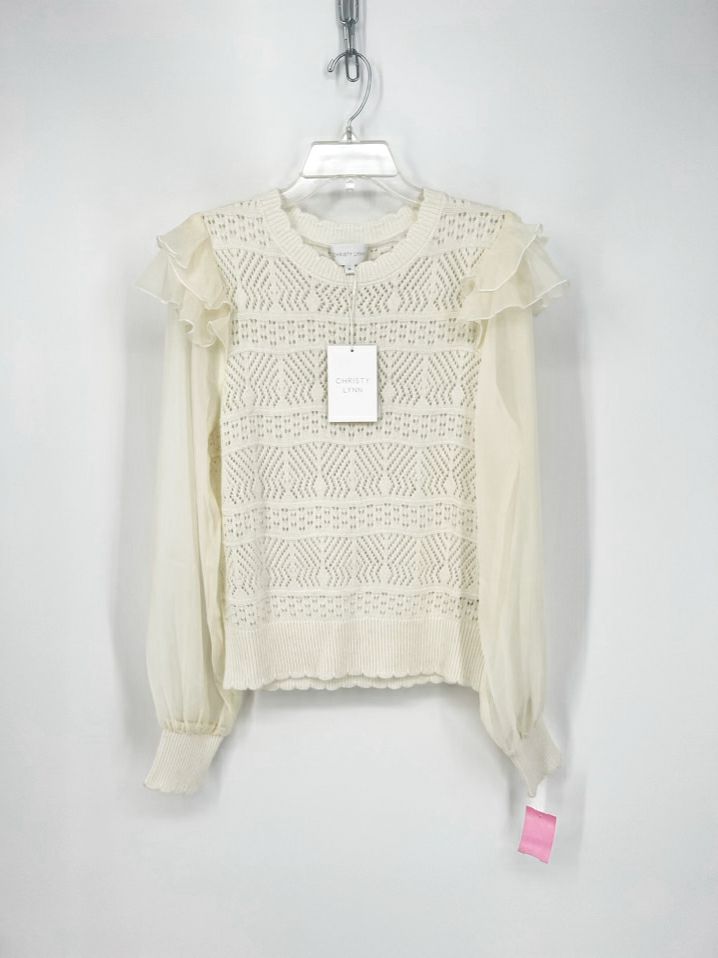 CHRISTY LYNN Size M Ivory Sheer Scallop Ruffle Sweater NWT