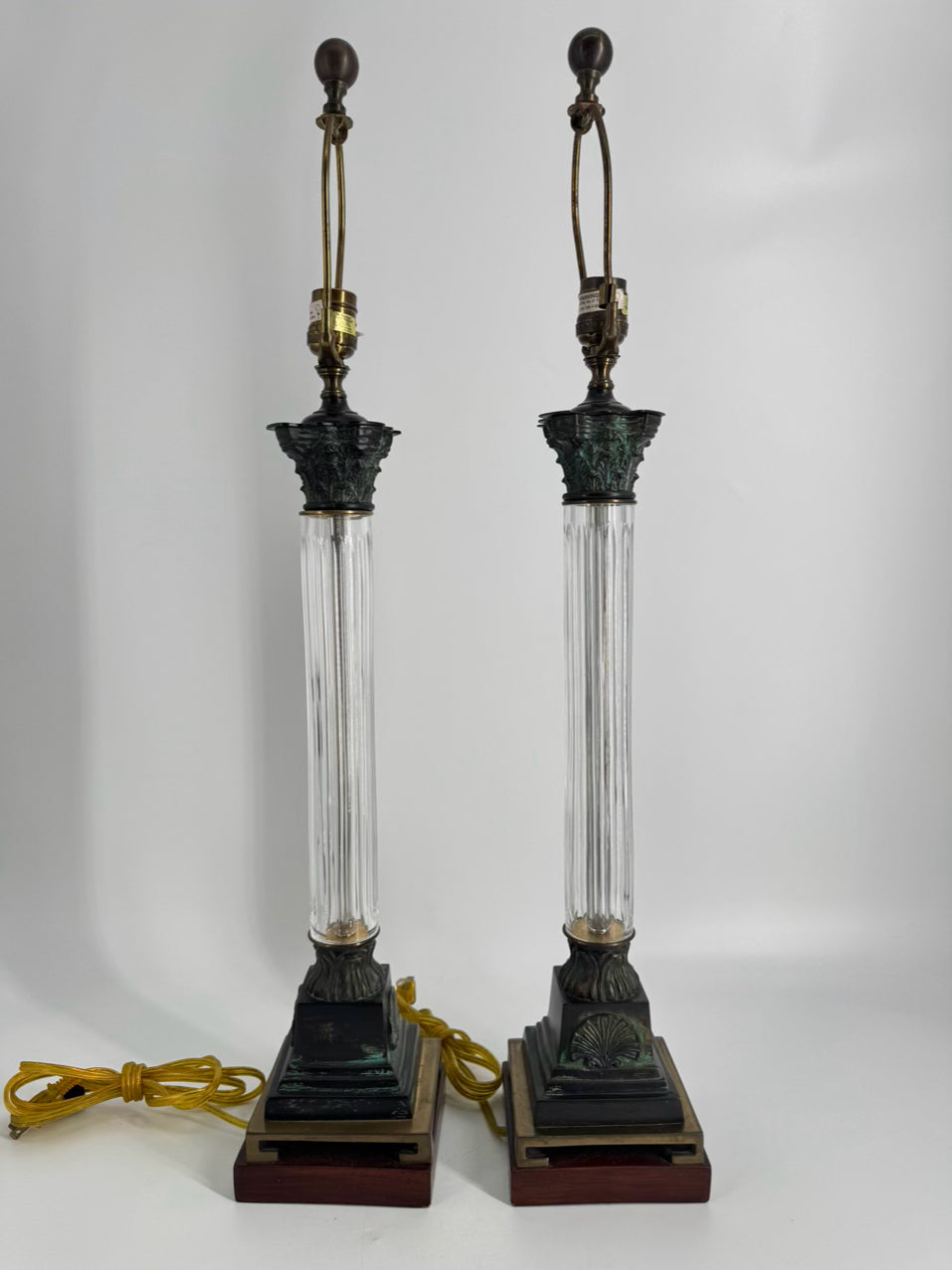 WILDWOOD Brass, Glass & Wood Column Pair of Lamps