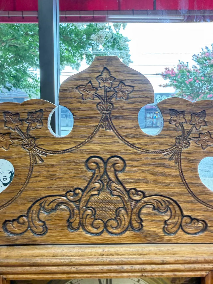 ANTIQUE Medium Oak Clock w/ Gold Bird Design