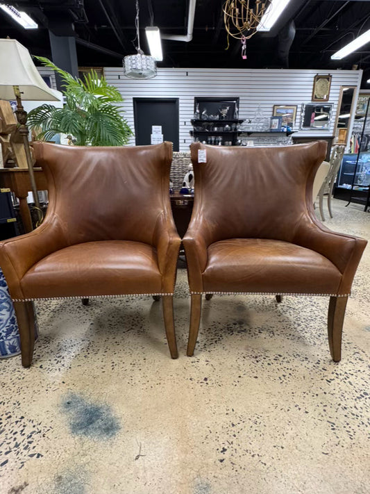 WILLIAMS SONOMA Caramel Leather Nailhead Pair of Chairs