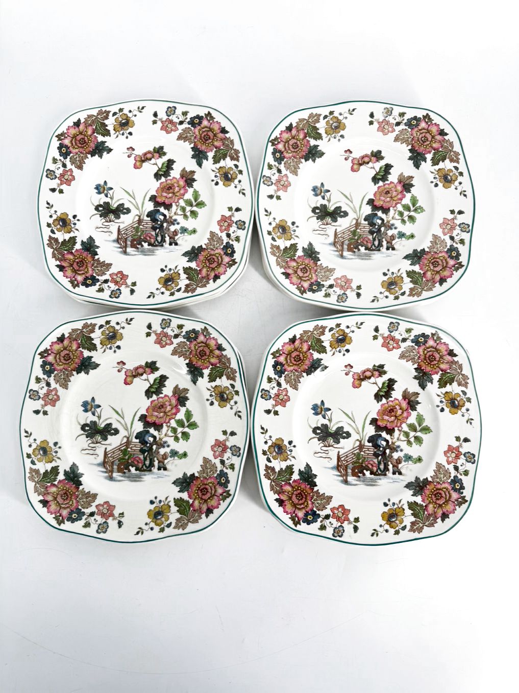 WEDGWOOD White, Rose & Green China Eastern Flowers Set Of 12 Dessert Plates