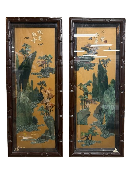 Wood Panel In Bamboo Like Frame w/ Green Inlaid Stone