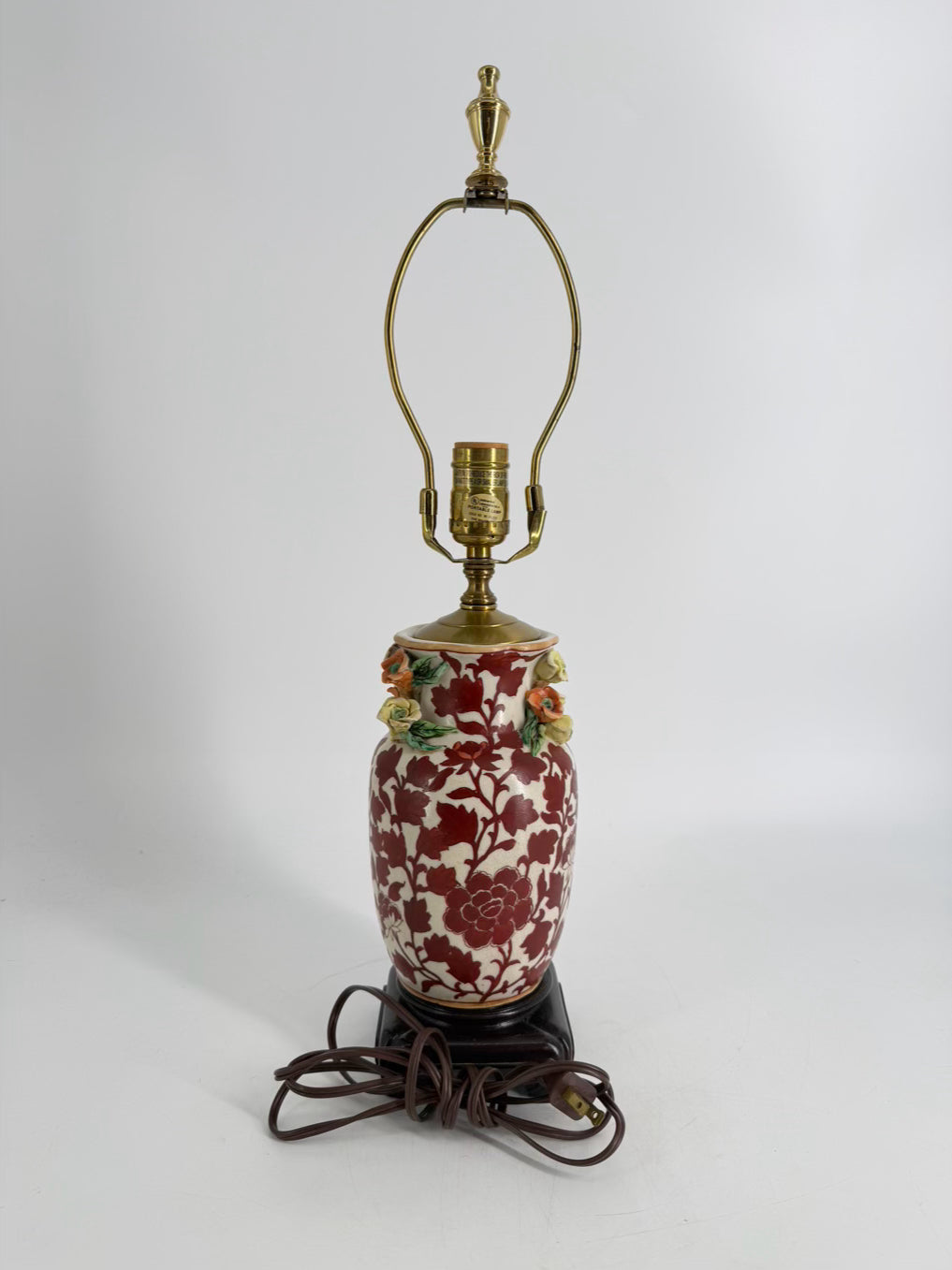VINTAGE  Rust & Cream Ceramic Lamp w/ Flower Detail On Sides No Shade