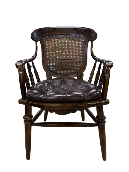 CENTURY Wood Captain Cane Back Chair w/ Brown Leather Seat