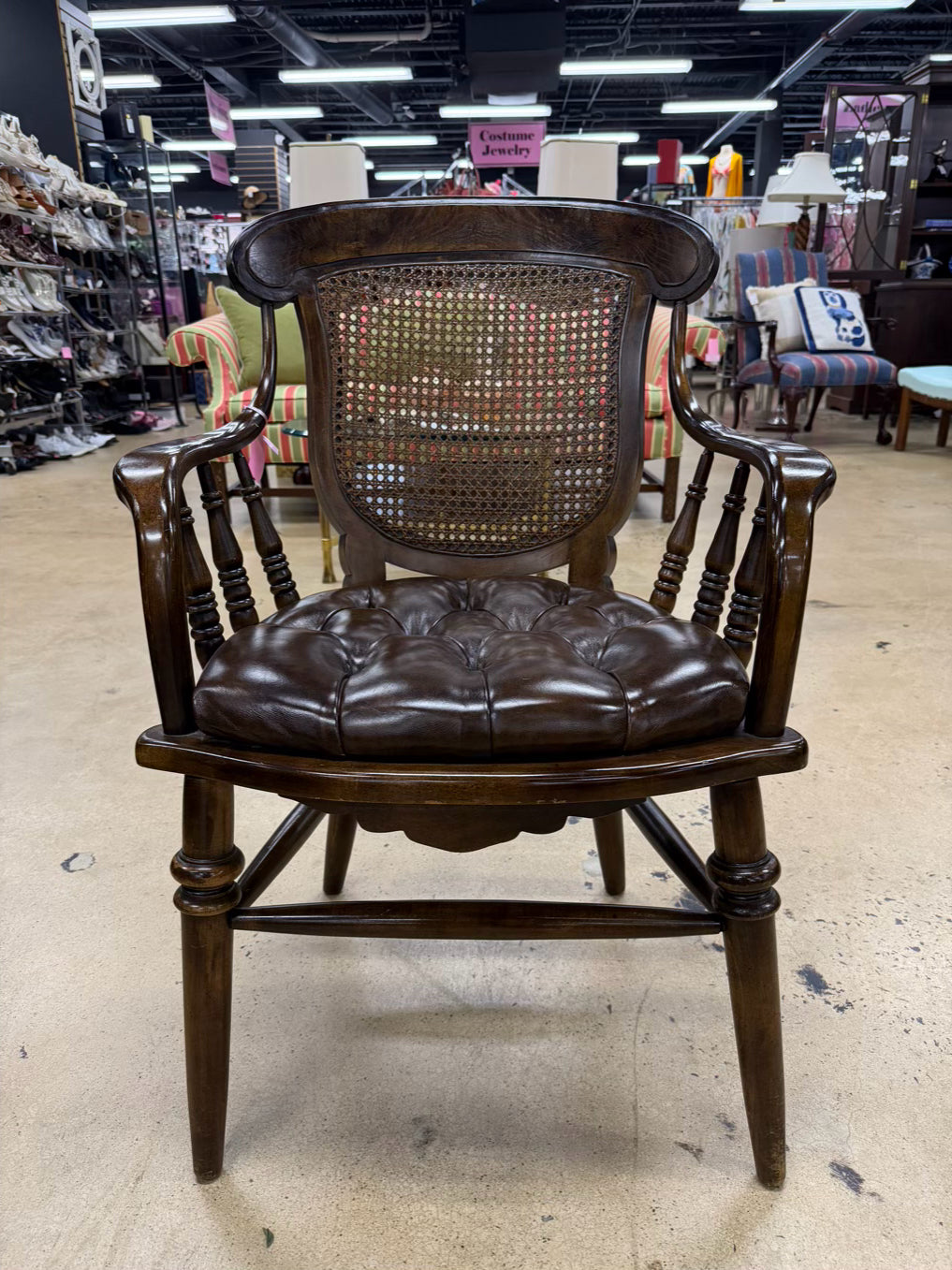 CENTURY Wood Captain Cane Back Chair w/ Brown Leather Seat