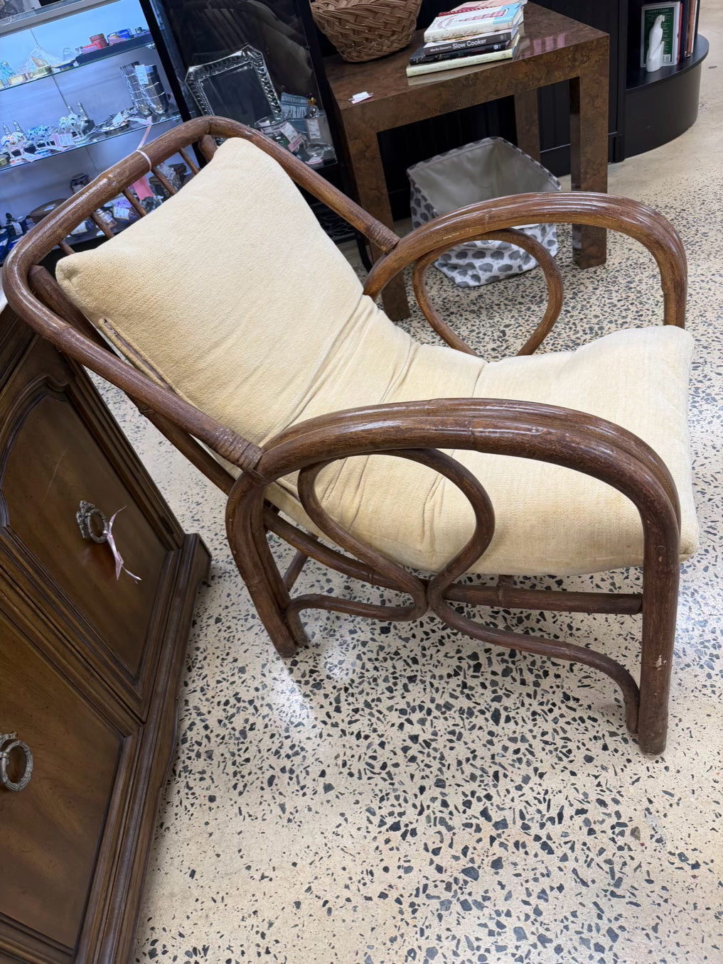 VINTAGE Medium Wood Bamboo Chair w/ Ottoman