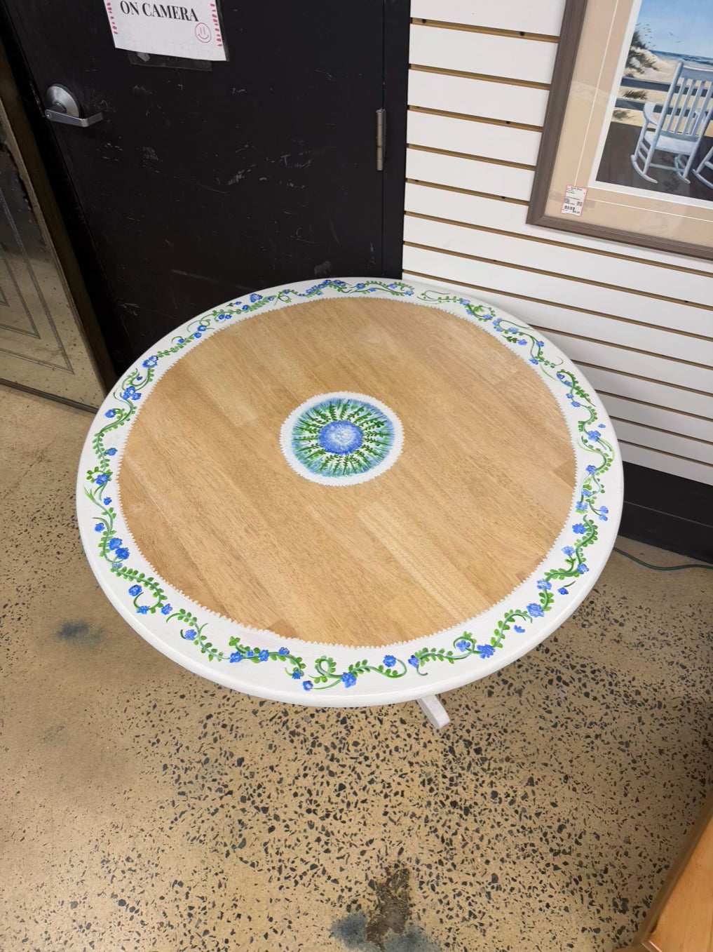 Blue, White & Green Natural Wood Hand Painted Boarder Round Table