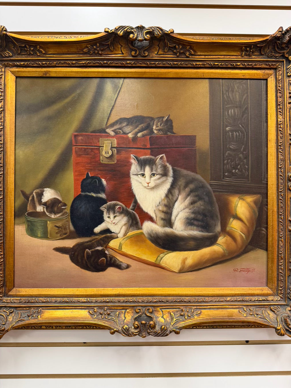 SIGNED R. MONTES Cats Painting In Bronze & Gold Frame