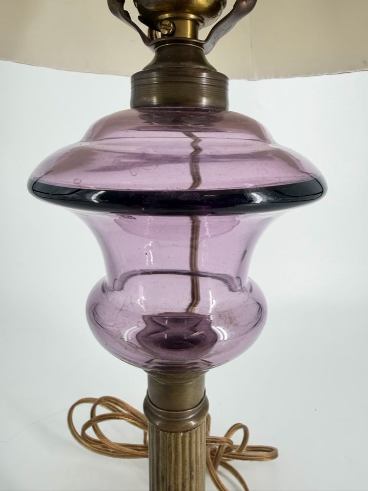 ANTIQUE Purple Glass, Brass, & Marble Lamp w/ Needlework Shade