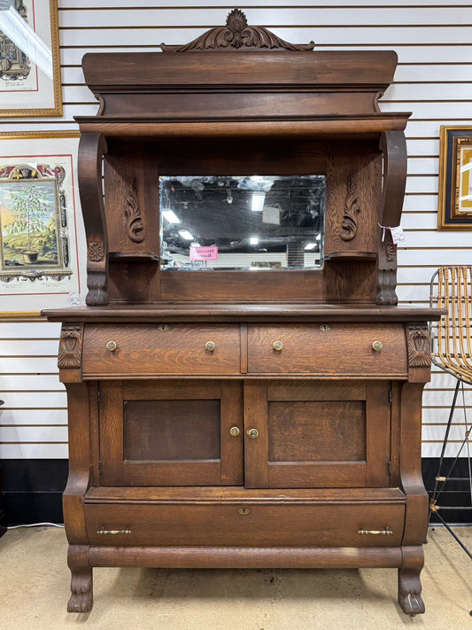 ANTIQUE Oak Mirror-Back 2-Tier Buffet