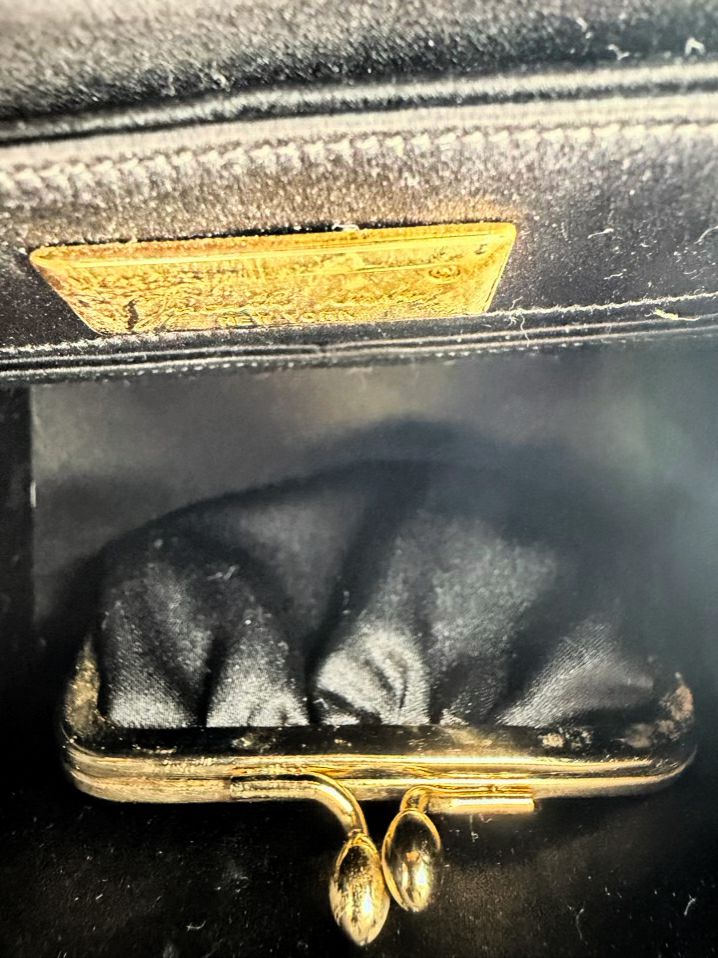 JUDITH LEIBER Black Satin Evening Bag w/ Gold Tone Heart Clasp