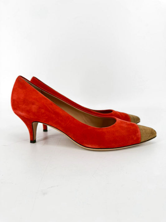 SALVATORE FERRAGAMO Size 8 Orange & Gold Toe Suede Kitten Heels