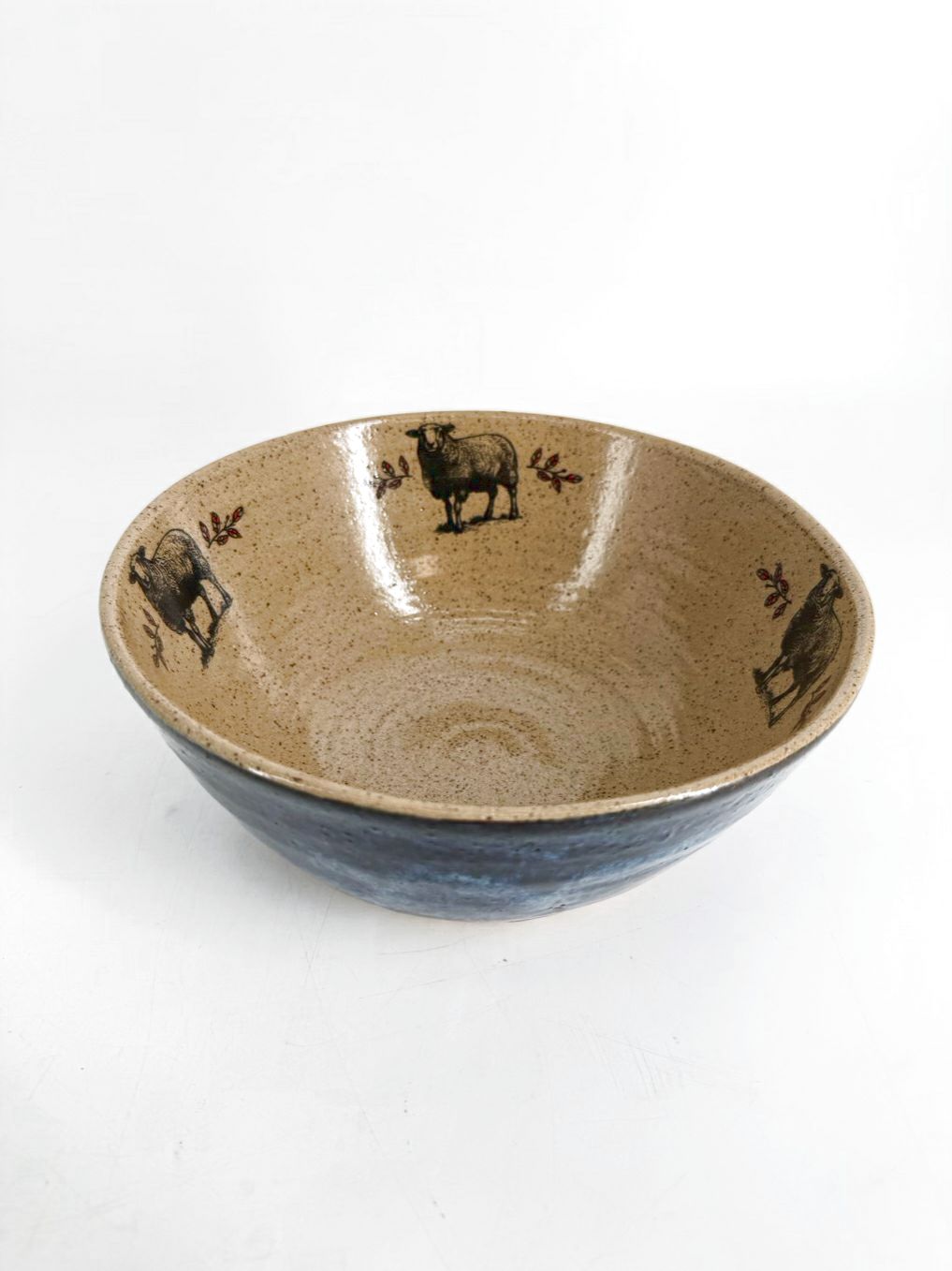 LAKE LISMORE POTTERY Blue & Tan Pottery Bowl w/ Sheep